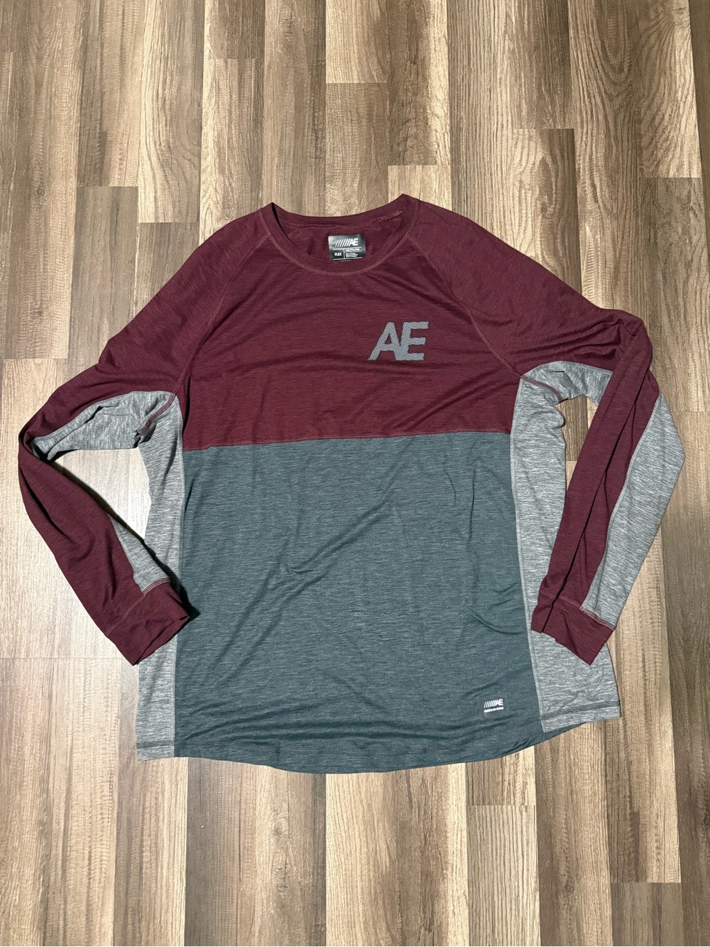 American Eagle Outfitters Maroon and Gray Colorblock Long Sleeve Shirt